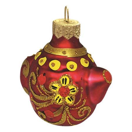 Елочная игрушка Чайник Народные узоры стекло красная (высота 6 см)